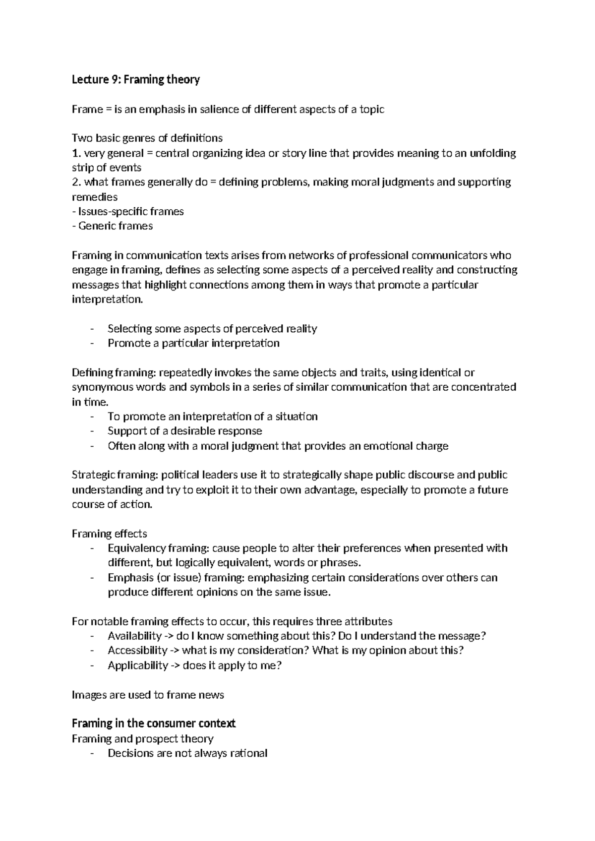 Lecture 9: Understanding Framing Theory in Communication - Studeersnel