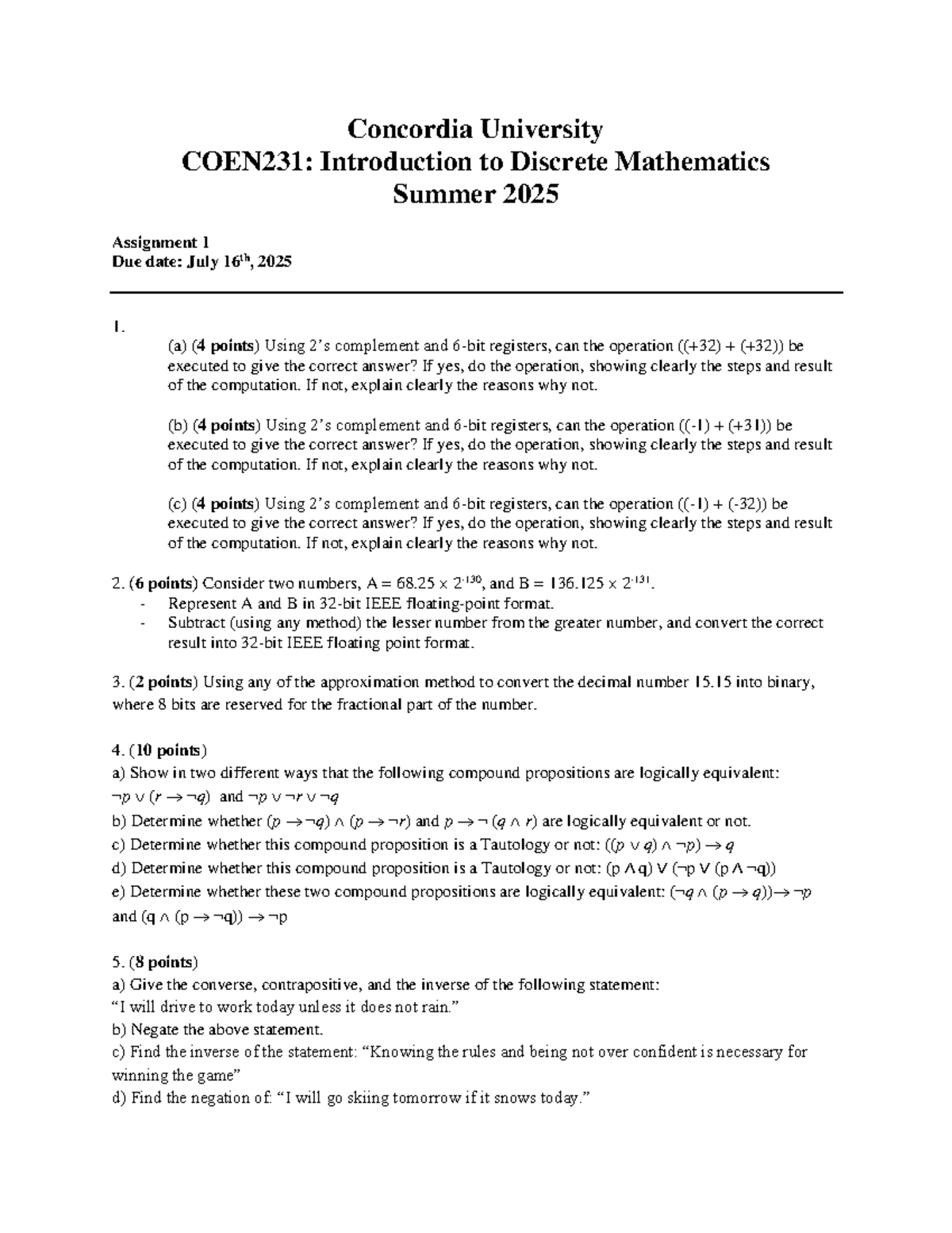 COEN231: A1 - Discrete Math Assignment Summer 2025 - Studocu