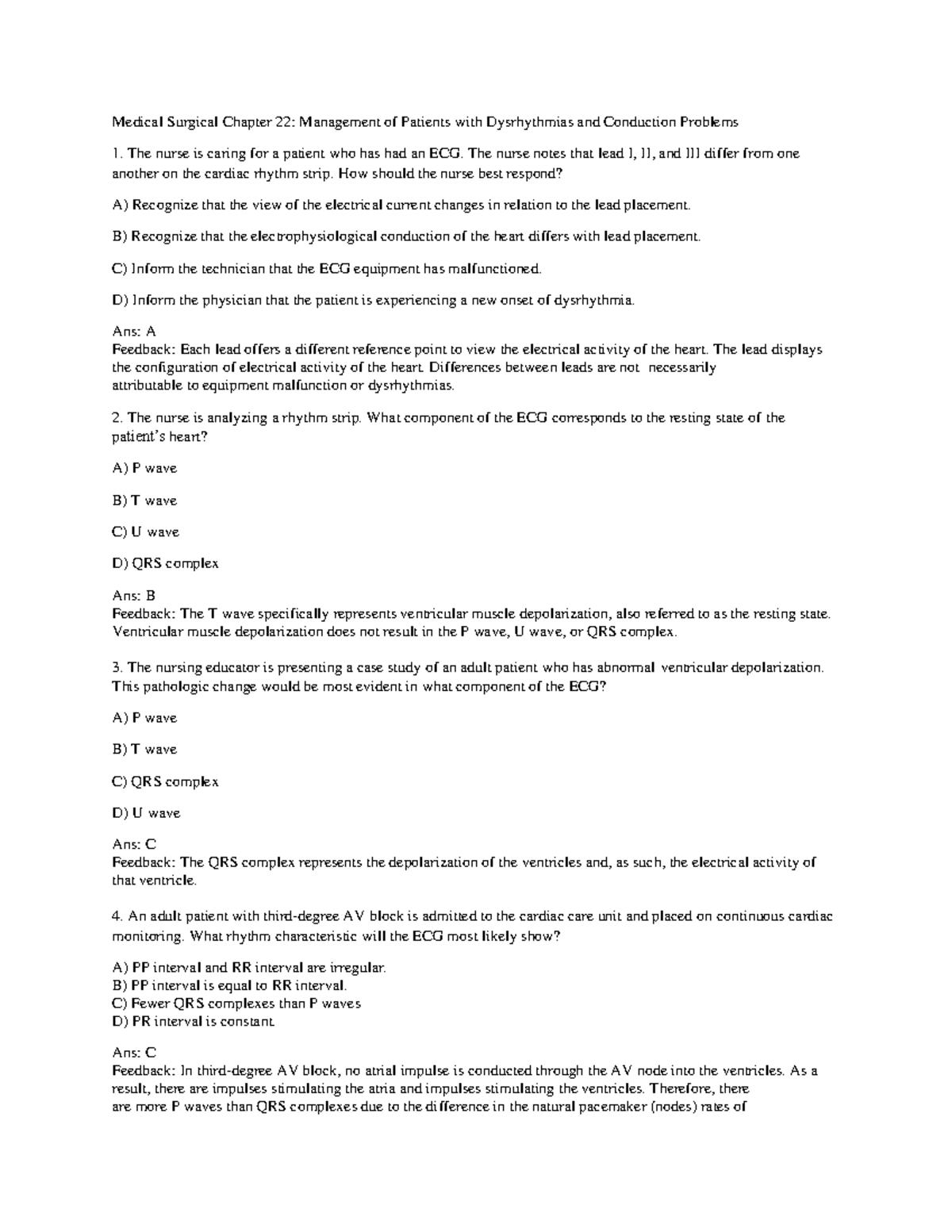 Med Surg CH 22: Dysrhythmias Practice Q&A for Exam Preparation - Studocu