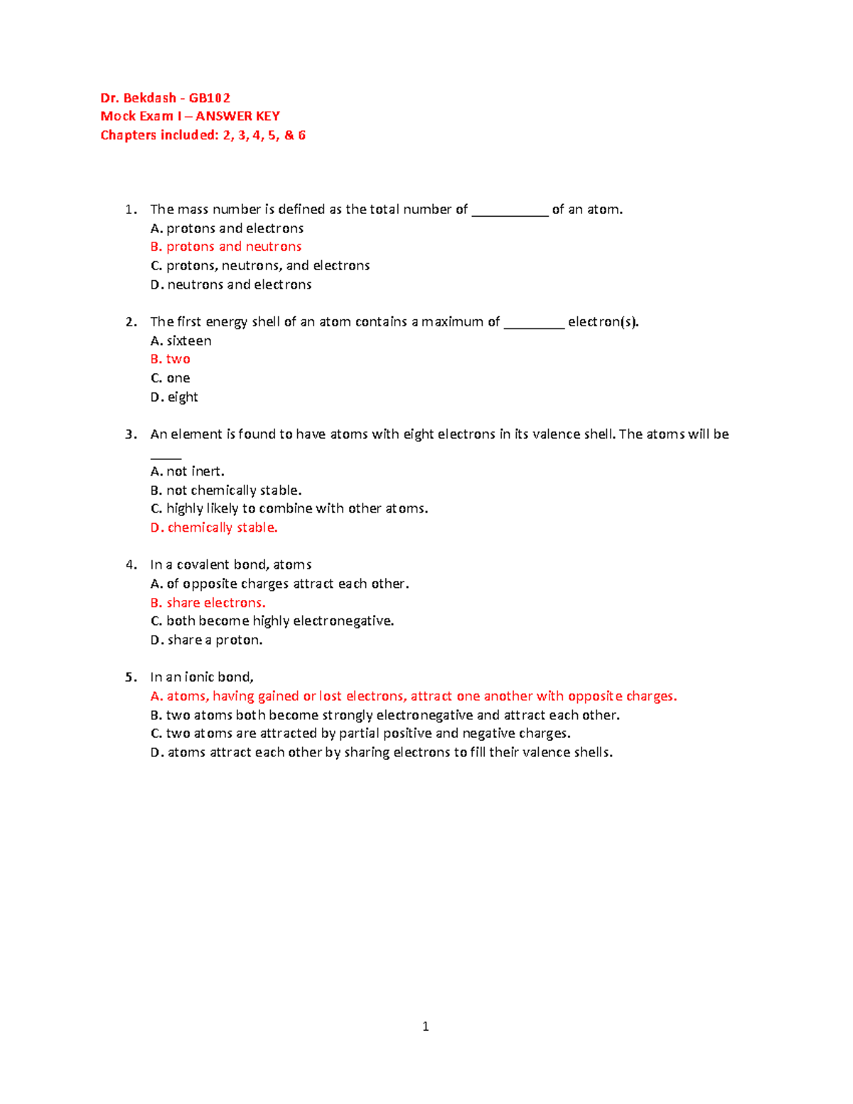 GB102 Mock Exam I - Answer Key for Chapters 2-6 - Dr. Bekdash - GB Mock ...