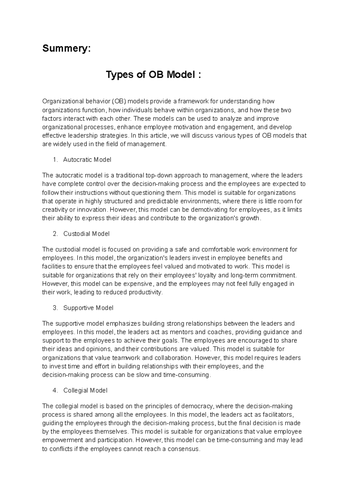 Types of Organizational Behavior Models: A Comprehensive Overview - Studocu