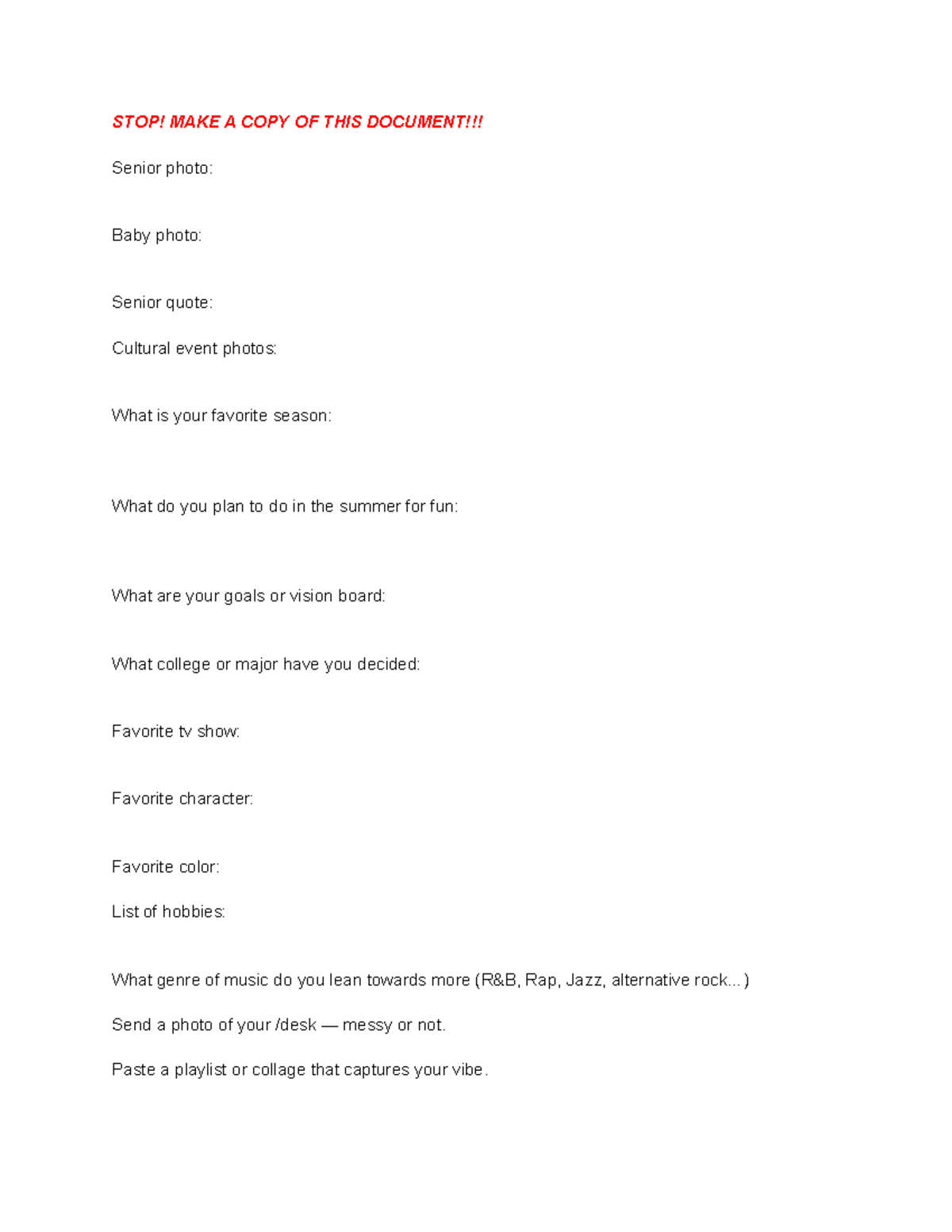 Senior Photo Questionnaire - 134923u293: Capture Your Vibe! - Studocu