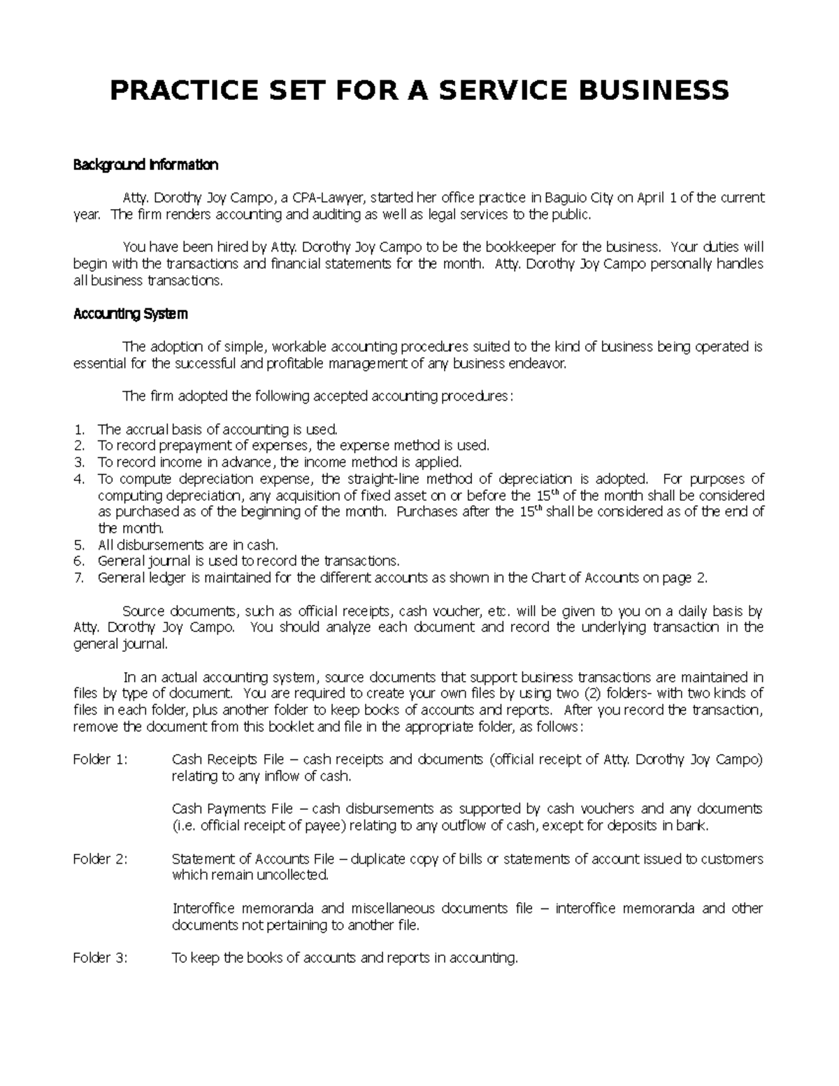 Service Business Practice Set: Accounting Procedures & Financials - Studocu