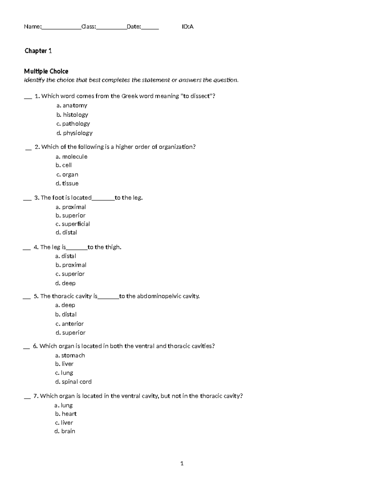 Practice exam AP 1 - Review Questions - Name: Class: Date: ID:A Chapter ...