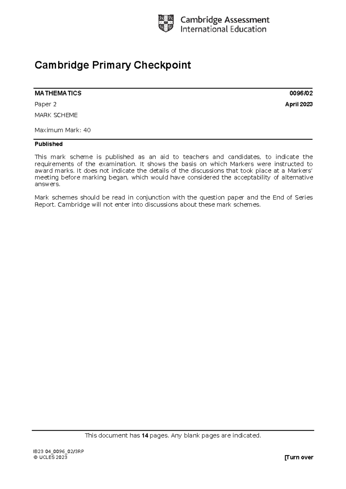 0096/02 Cambridge Primary Checkpoint - Mark Scheme April 2023 - Studocu
