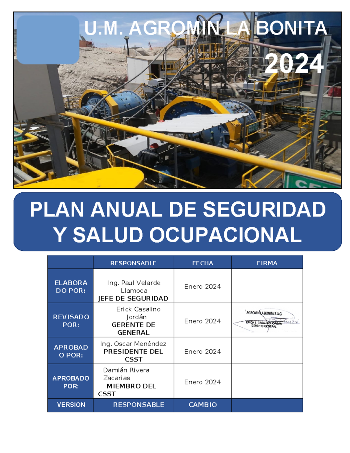 PLAN ANUAL DE SEGURIDAD Y SALUD OCUPACIONAL 2024 - U.M. AGROMIN LA ...