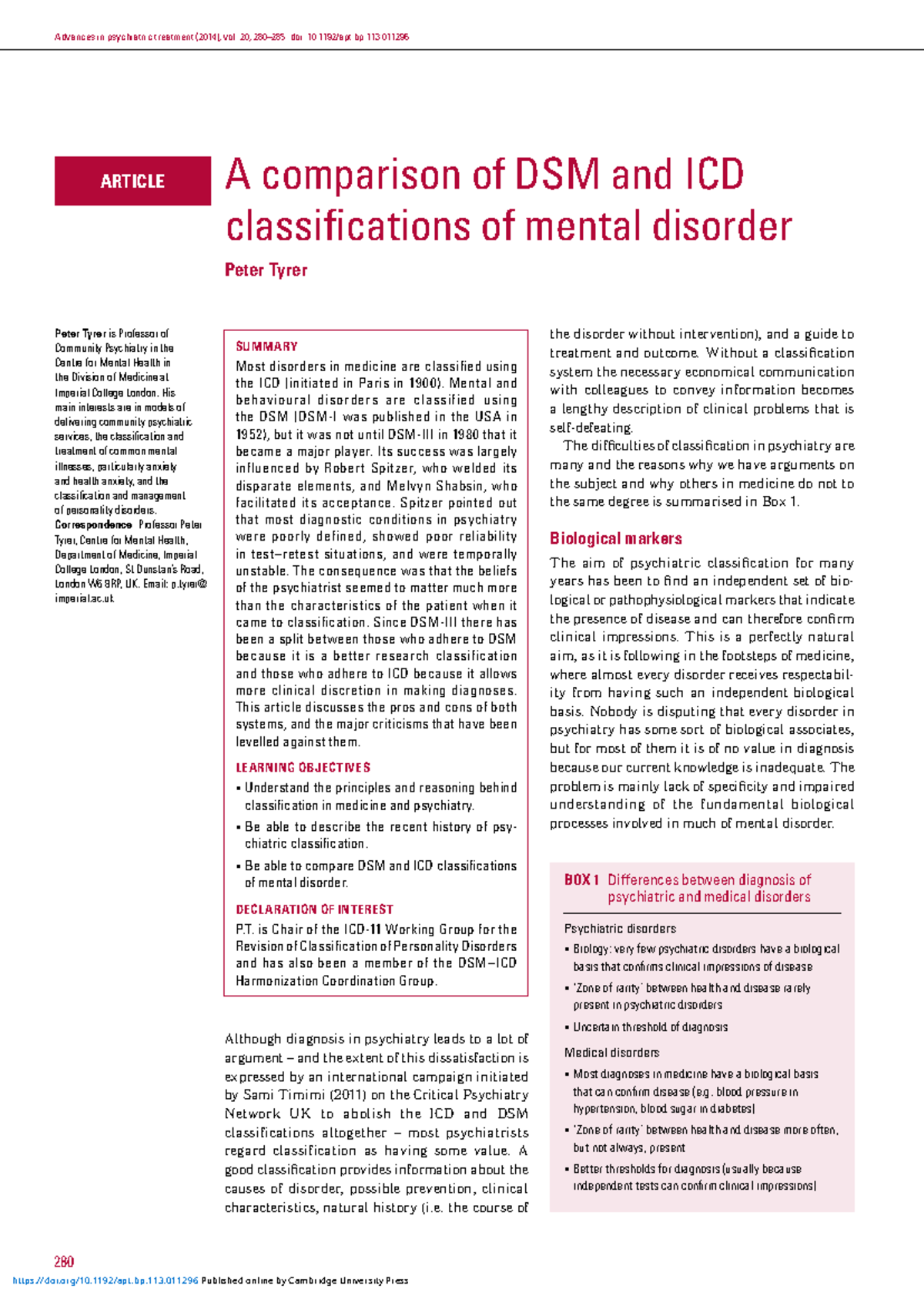 A Comparison of DSM and ICD Classifications of Mental Disorder (2014 ...
