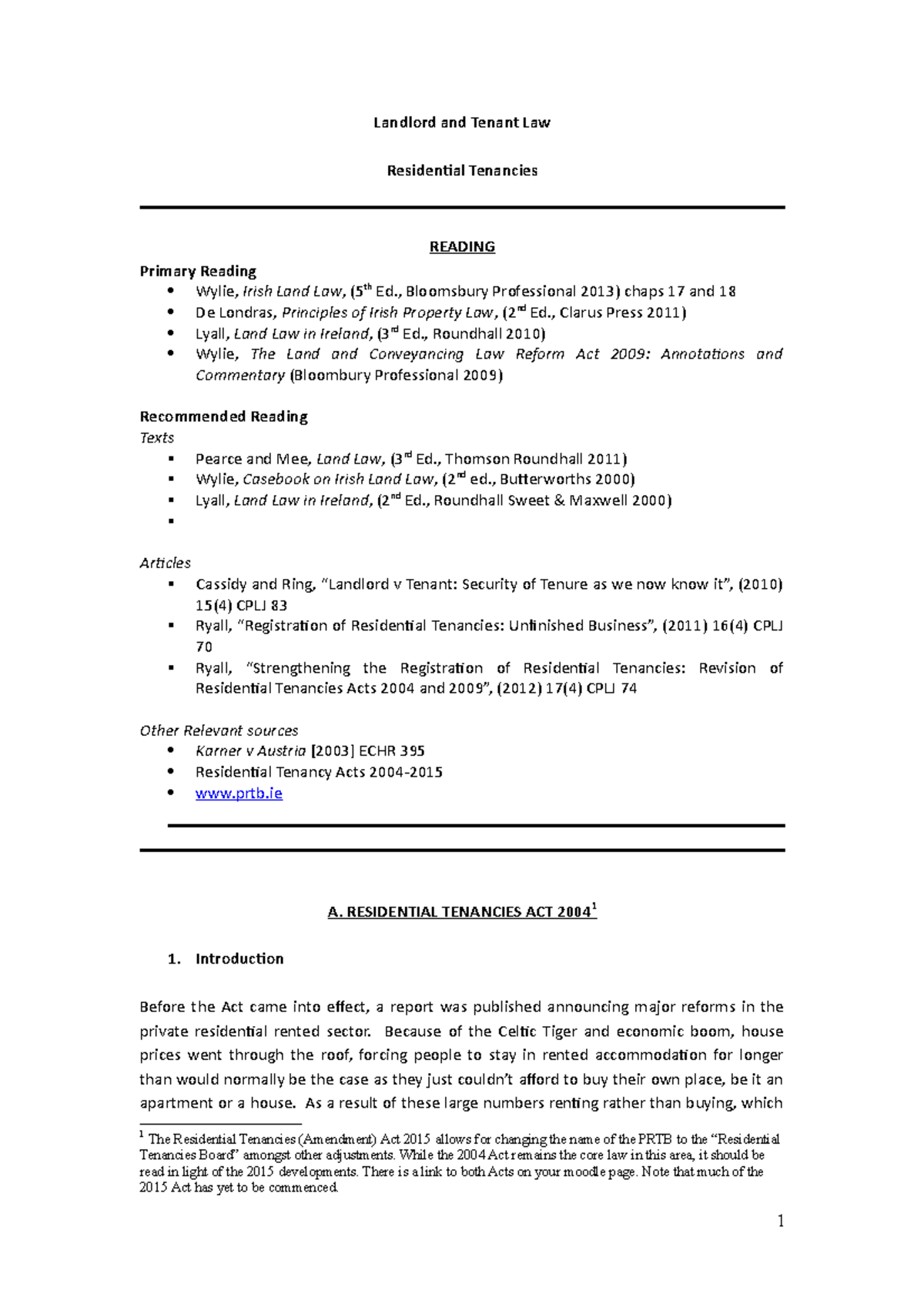 Notes - Landlord and Tenant Law (Residential Tenancies) - Studocu