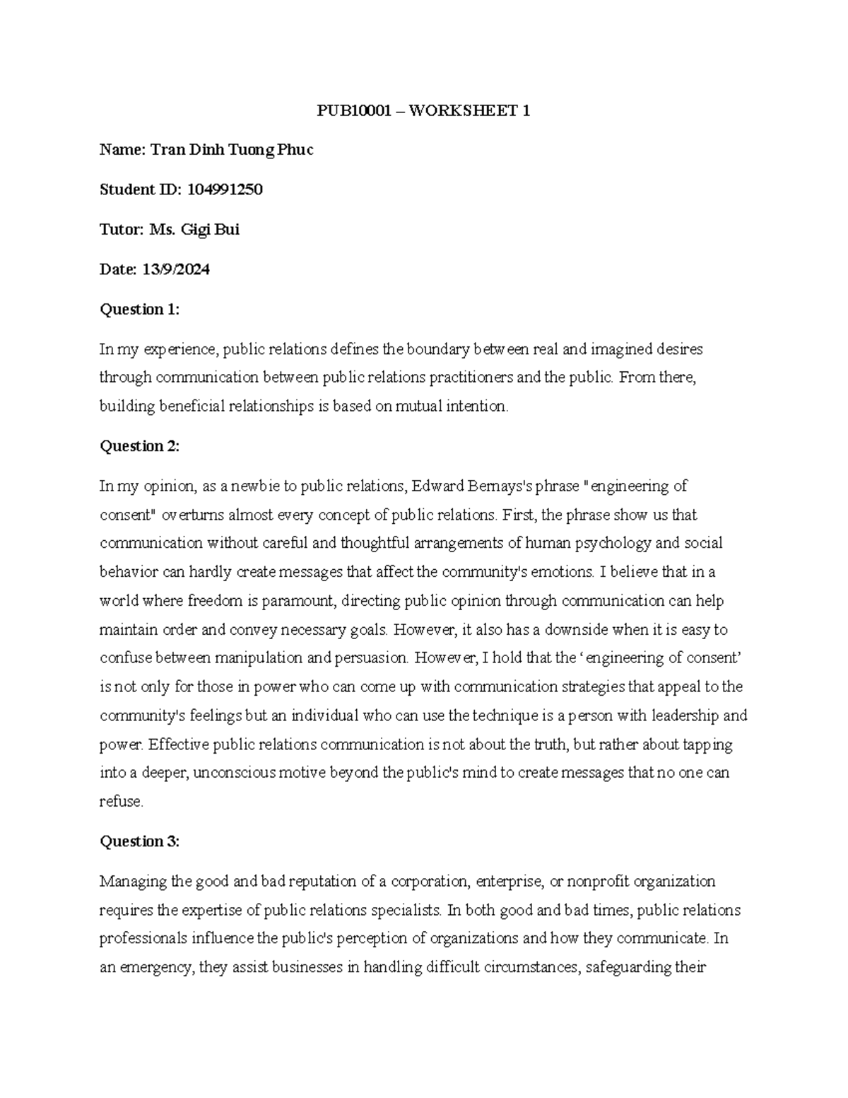 PUB10001 - Public Relations Concepts and Practices Worksheet 1 - Studocu