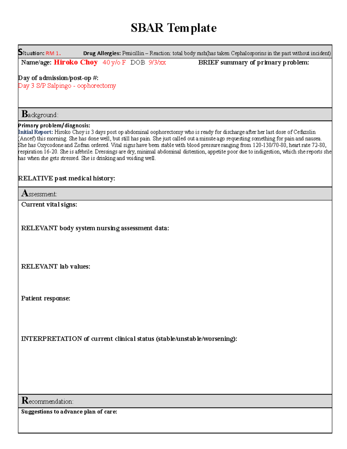 SBAR Template for Nursing Assessment - Patient Hiroko Choy (Case Study ...