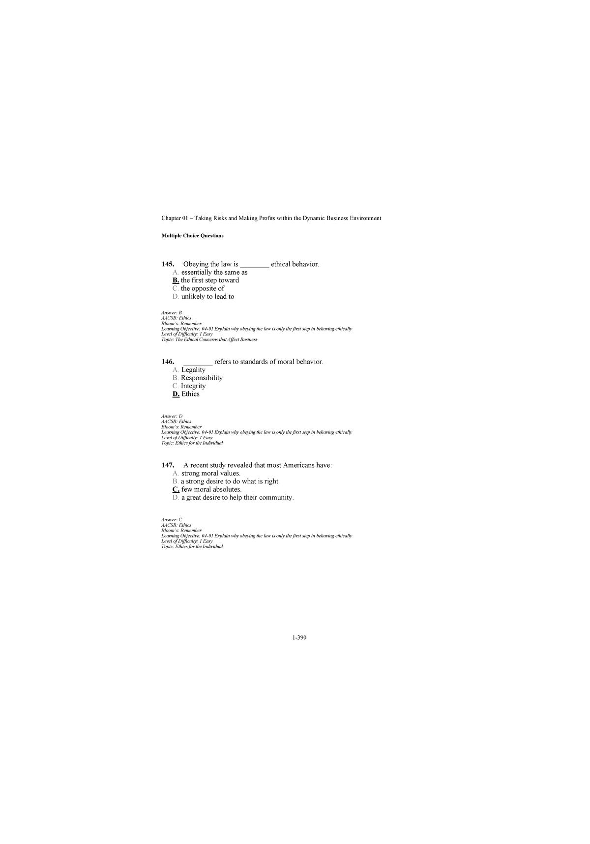 BUS 101: Chapter 01 MCQs on Ethics in Business Environment - Studocu