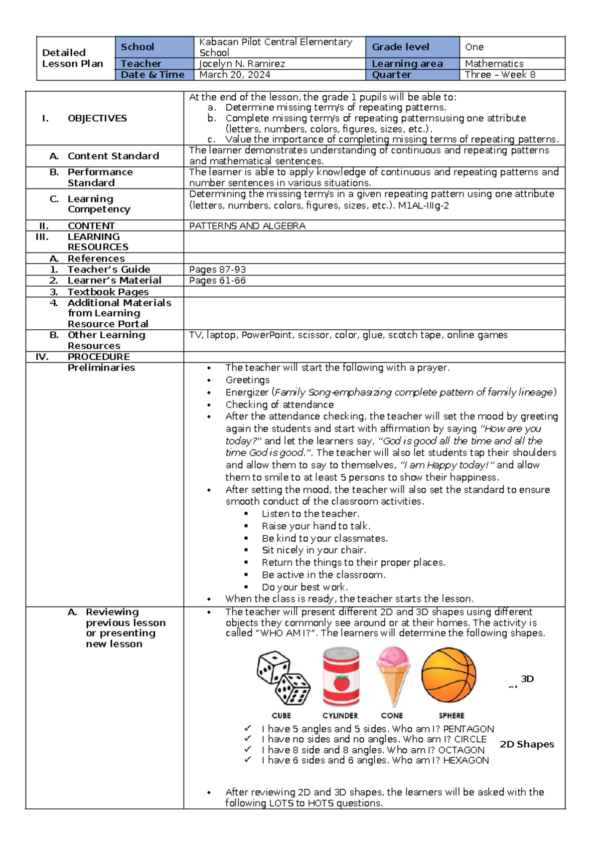 823260842 3rd CO Detailed Lesson Plan: Patterns in Grade 1 Math - Studocu