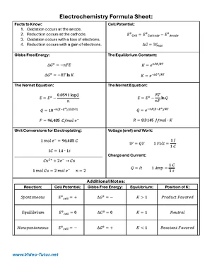 Thermochemistry Formula Sheet - Key Concepts and Equations - Studocu