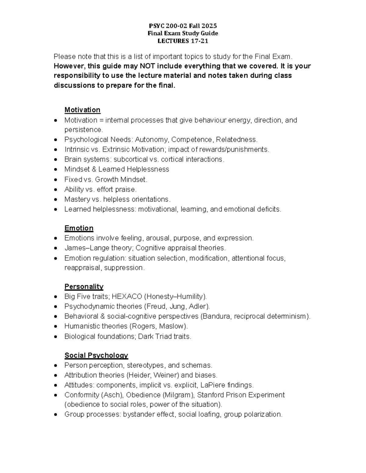 PSYC 200-02 Final Exam Study Guide (Lectures 17-21) - Studocu