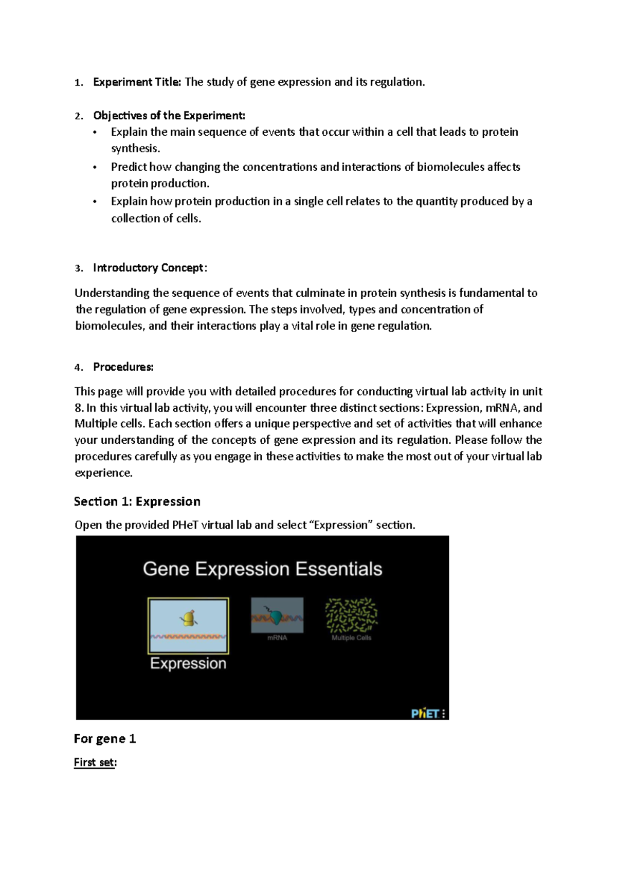 Unit 8 Virtual Lab Guidelines: Gene Expression & Regulation Simulation ...