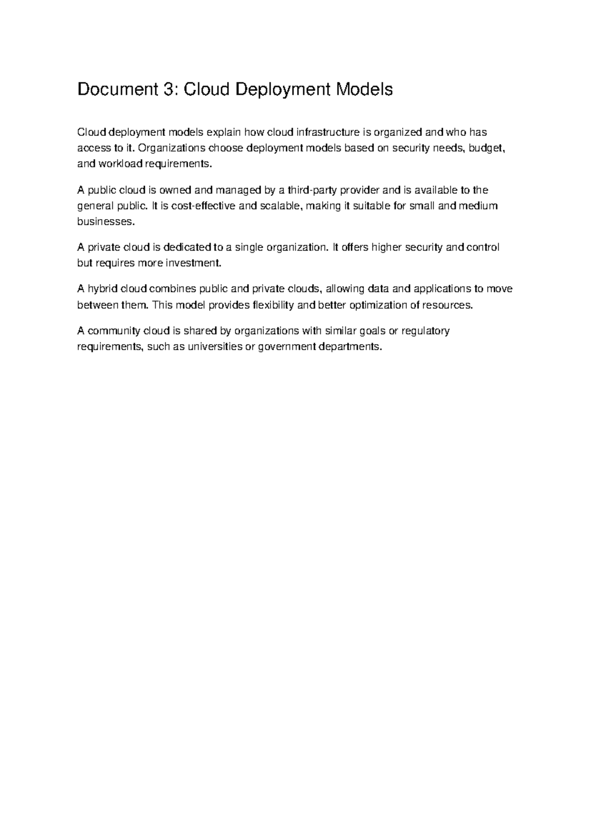 Cloud Computing: Document 3 - Understanding Deployment Models - Studocu