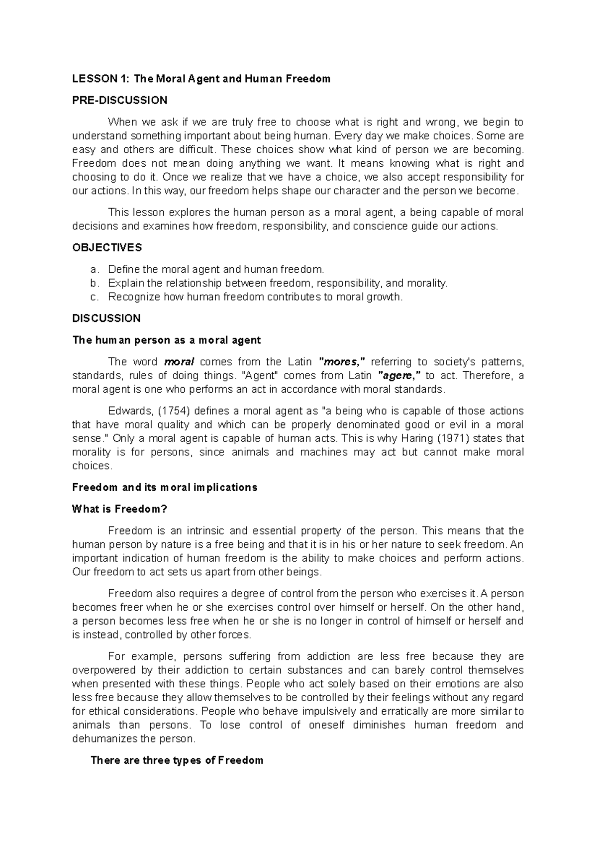 Lesson 1 GBL - Ethics: The Moral Agent and Human Freedom - Studocu