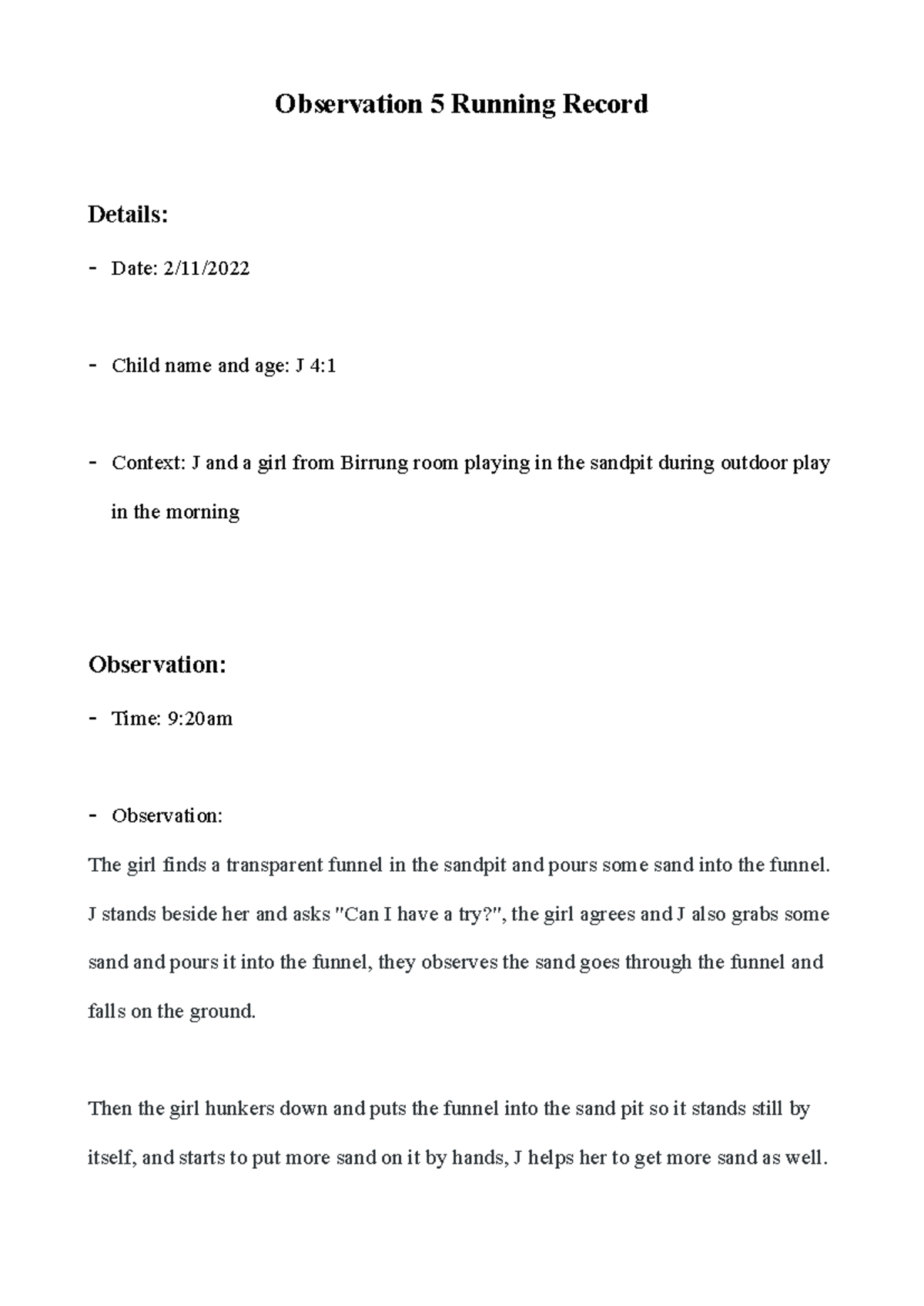 Observation 5 Running Record - Observation 5 Running Record Details ...