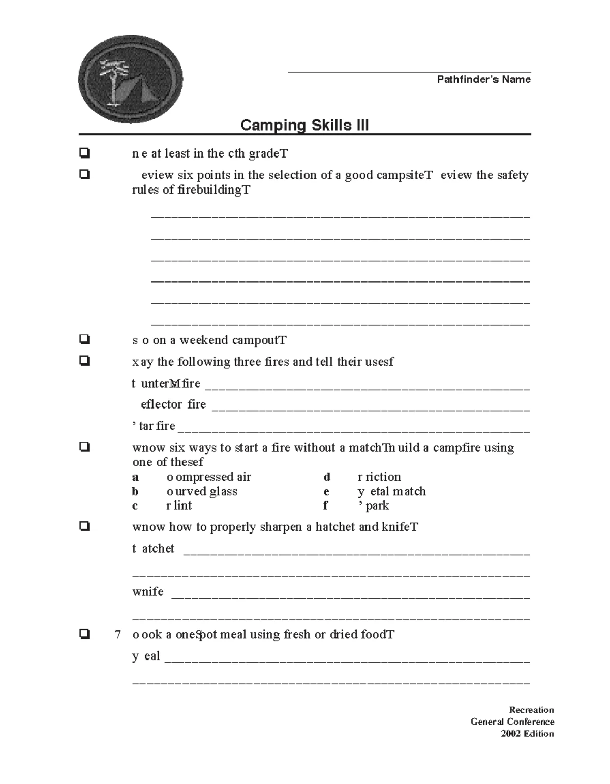 Camping Skills 1 Honour Workbook: Pathfinder Training Guide - Studocu