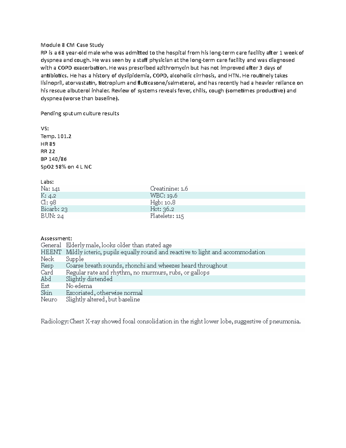 PNA Case Study - Module 8 CM: COPD Exacerbation in Elderly Patient ...