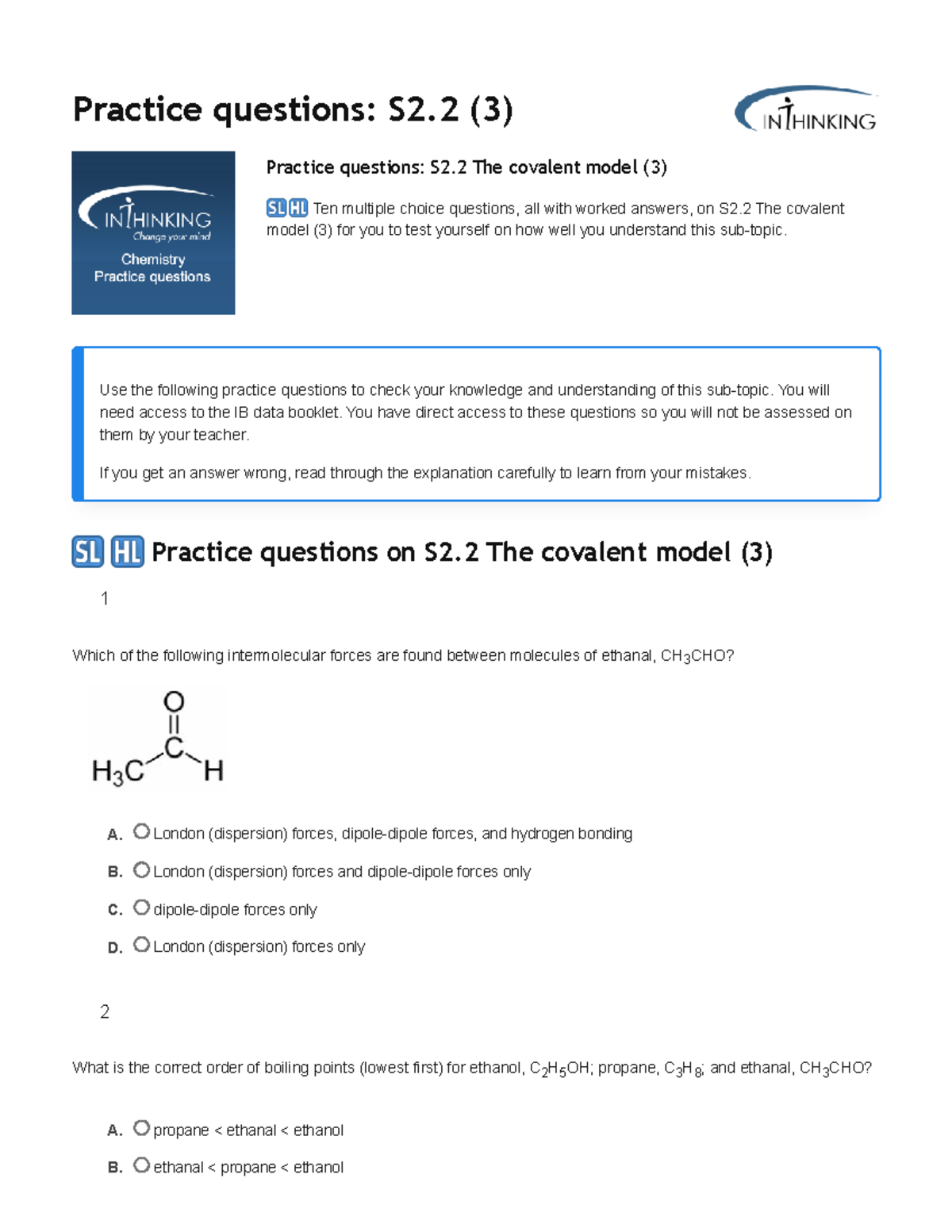 Covalent Bonding MC Practice Questions S2.2 (3) with Answers - Studocu