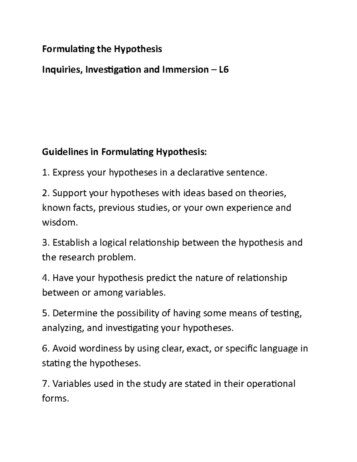 Immersion - 6 - Lecture notes - Formulating the Hypothesis Inquiries ...