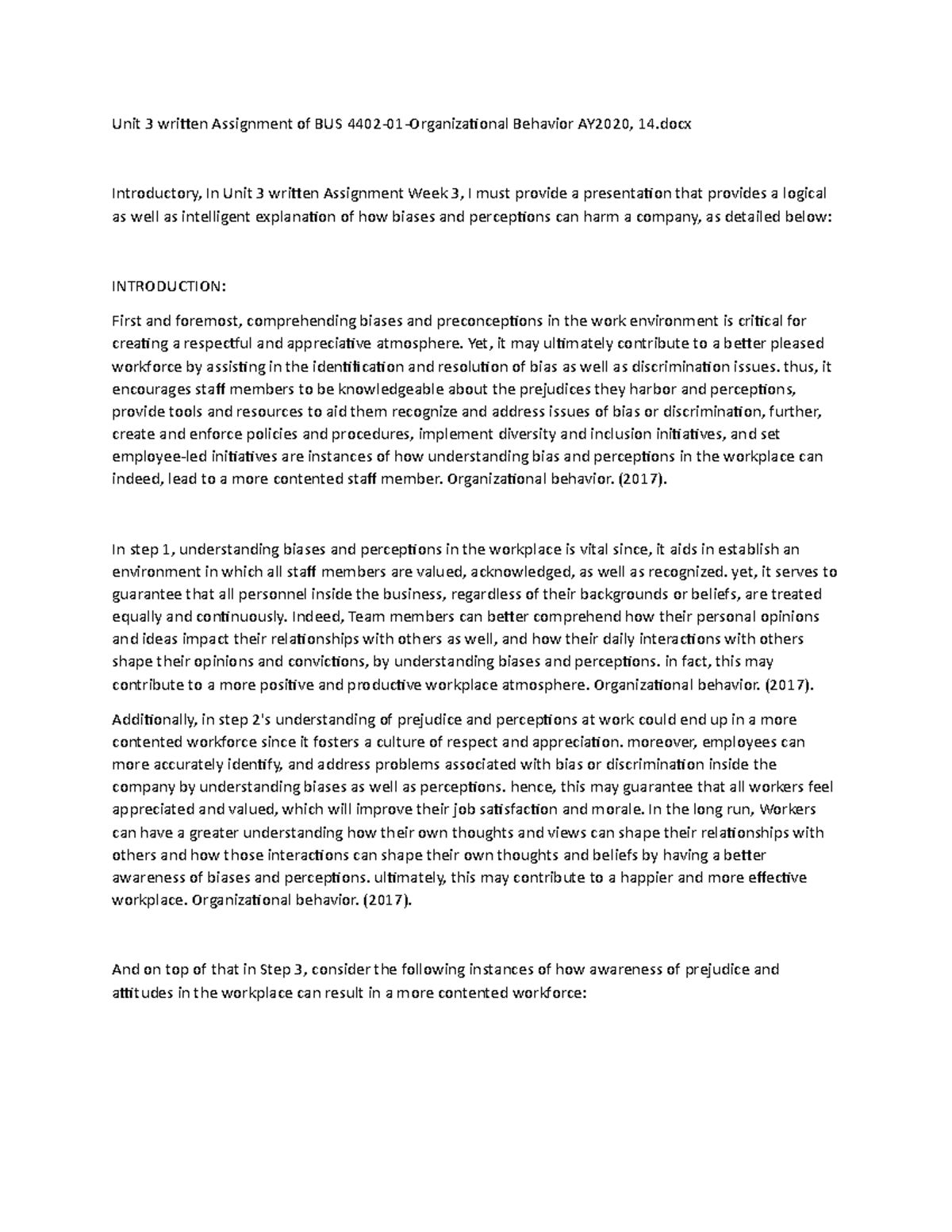 Unit 3 Written Assignment on Biases in BUS 4402-01 Organizational ...