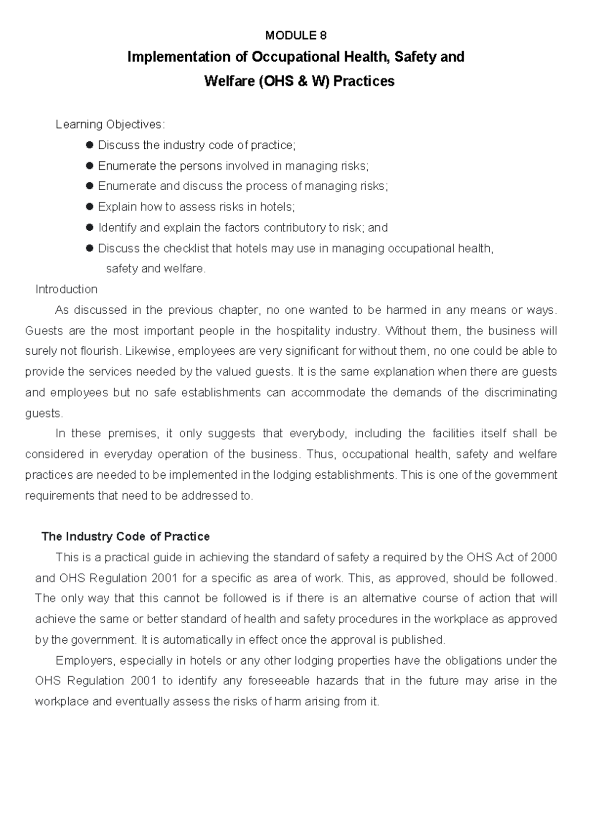 Implementation OF Occupational... ( Chapter 8) - MODULE 8 ...