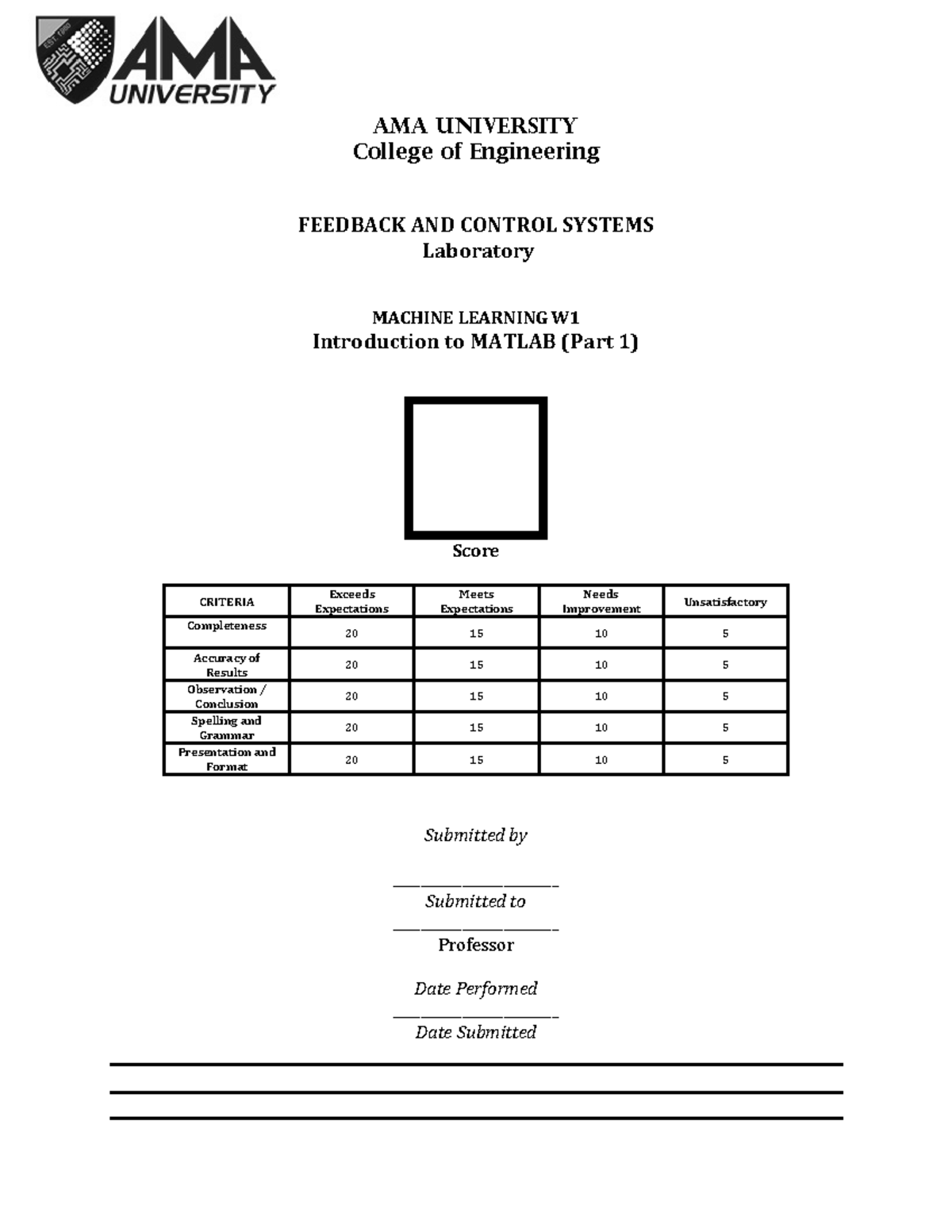 AMA University FEEDBACK AND CONTROL SYSTEMS Lab: Intro to MATLAB (Part ...