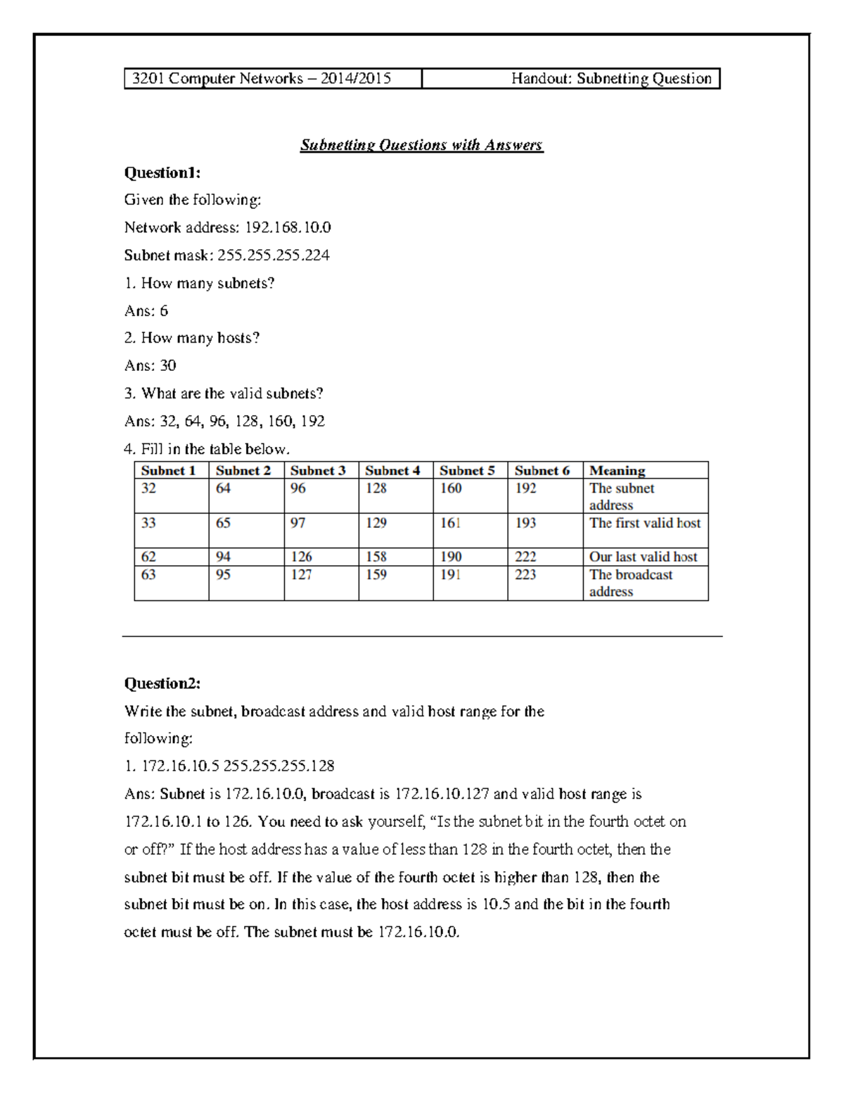 Computer networks lab questions answers - Subnetting Questions with ...