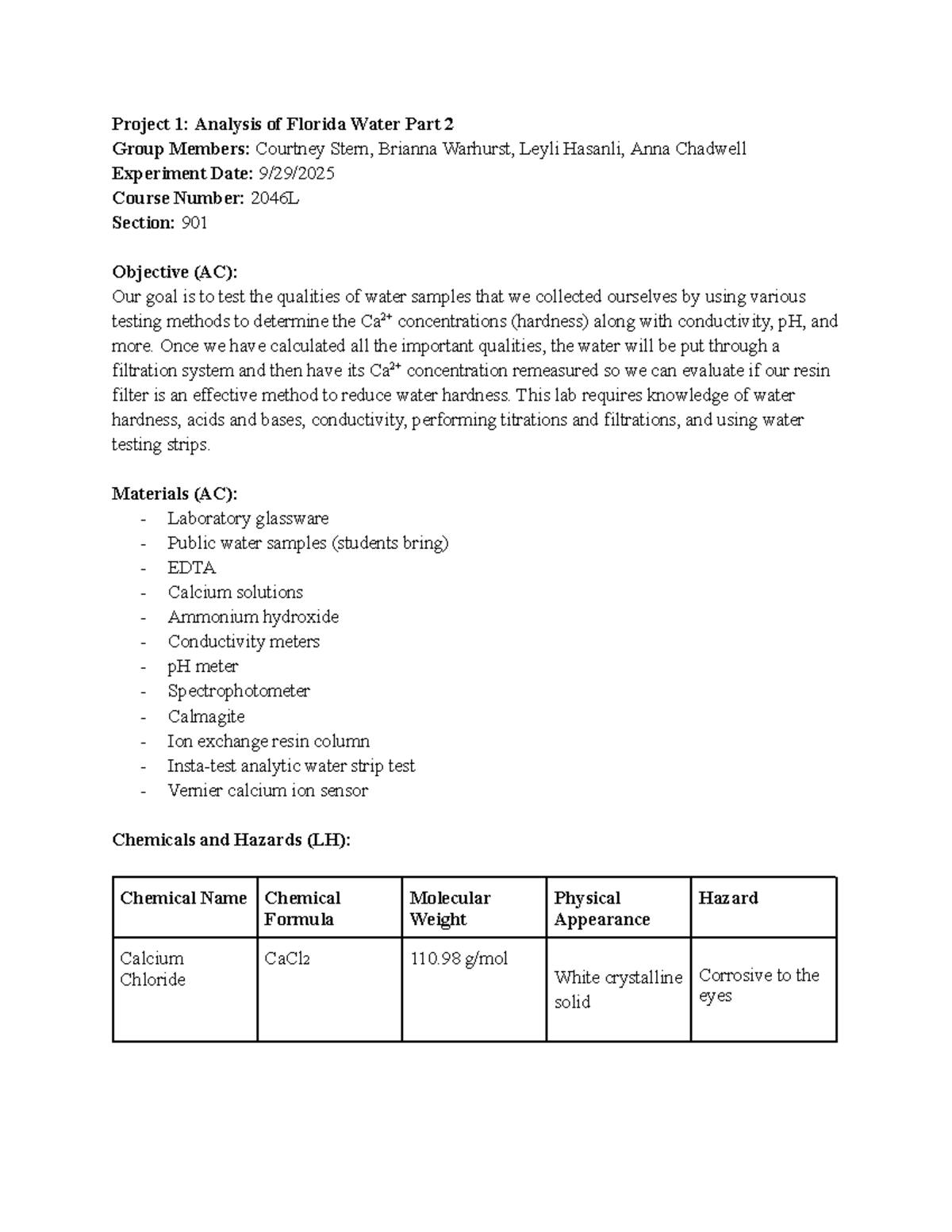 Pre-Lab Plan for Project 1: Florida Water Analysis (2046L) Part 2 - Studocu