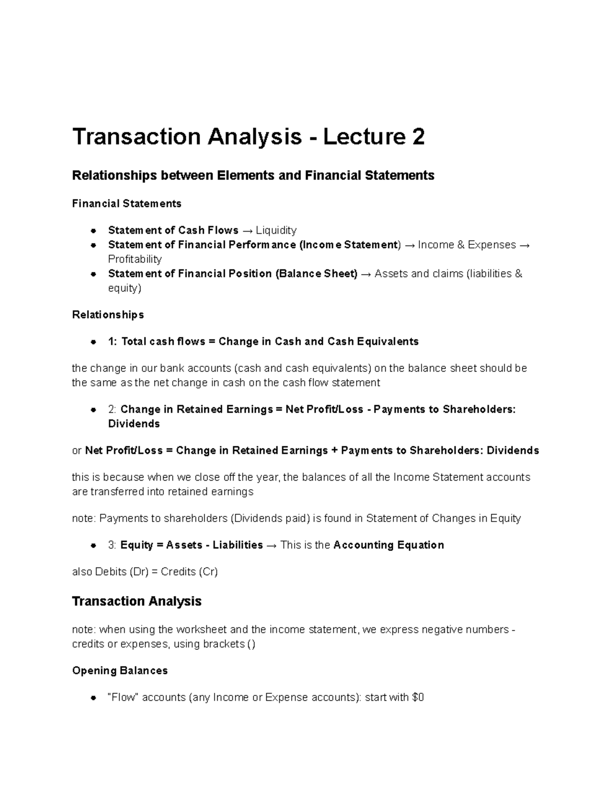 ARA Week 2 Lecture: Transaction Analysis & Financial Statements - Studocu