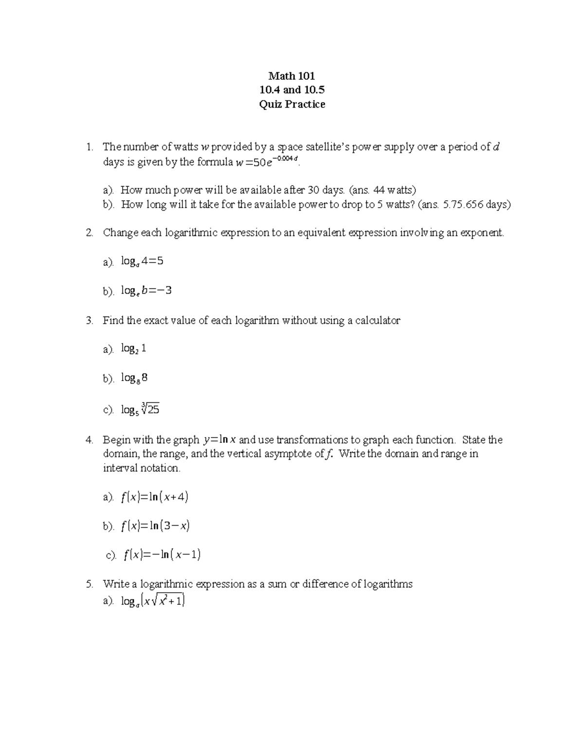 Mat 101 Quiz 4 Practice: Sec 10.4 & 10.5 Fall '21 - Studocu