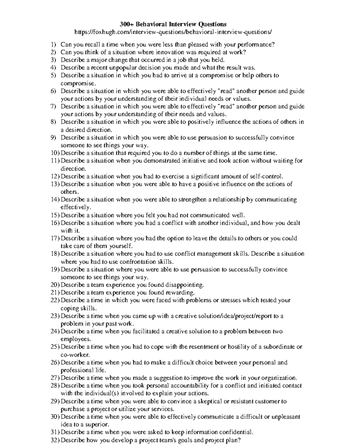 Behavioral Interview Questions for Course 332322199: 300 Examples - Studocu