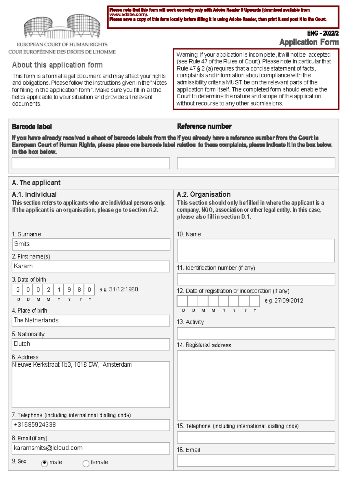 Statement of Facts for ECHR Application Form - Studeersnel