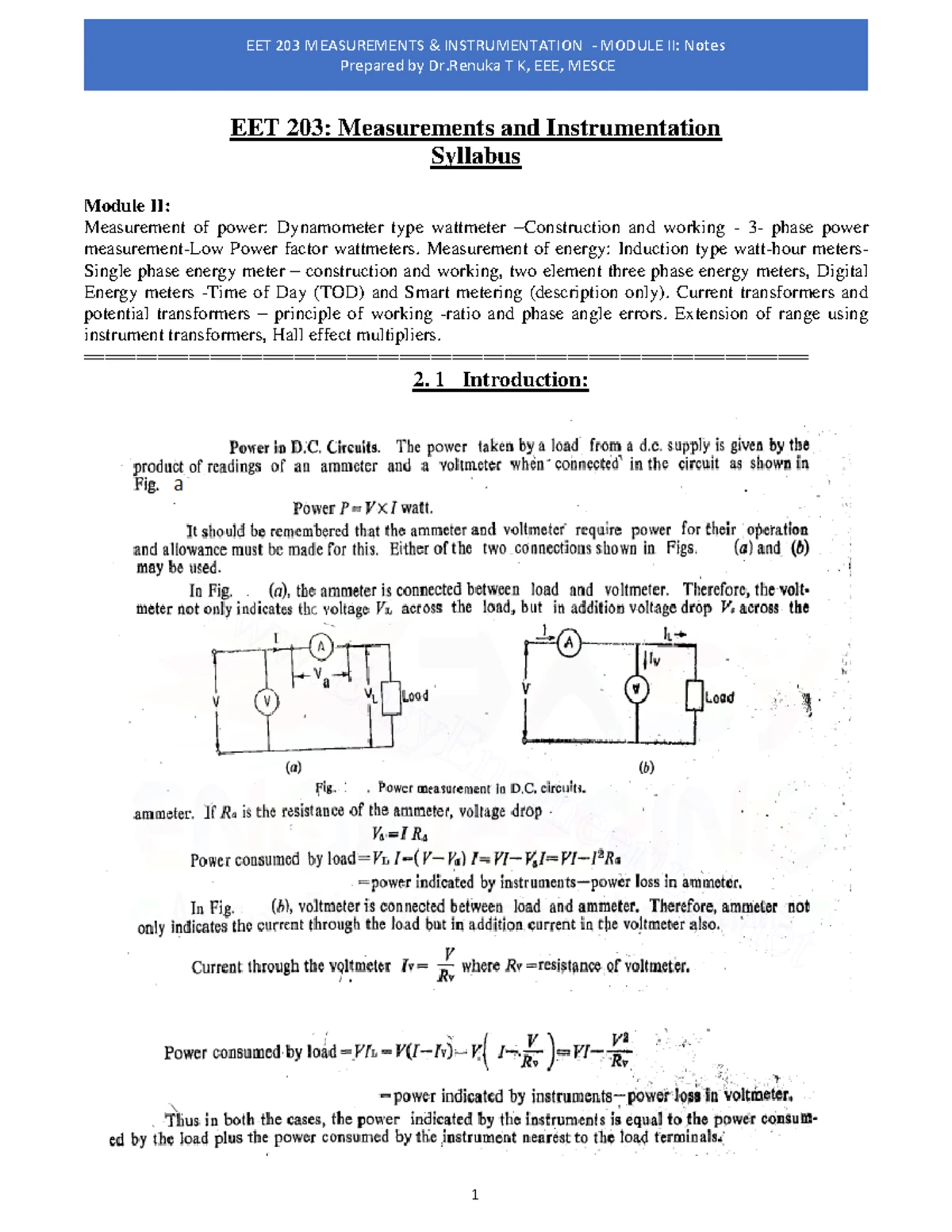 EET 203 Measurements and Instrumentation- Module I - EET 203 ...