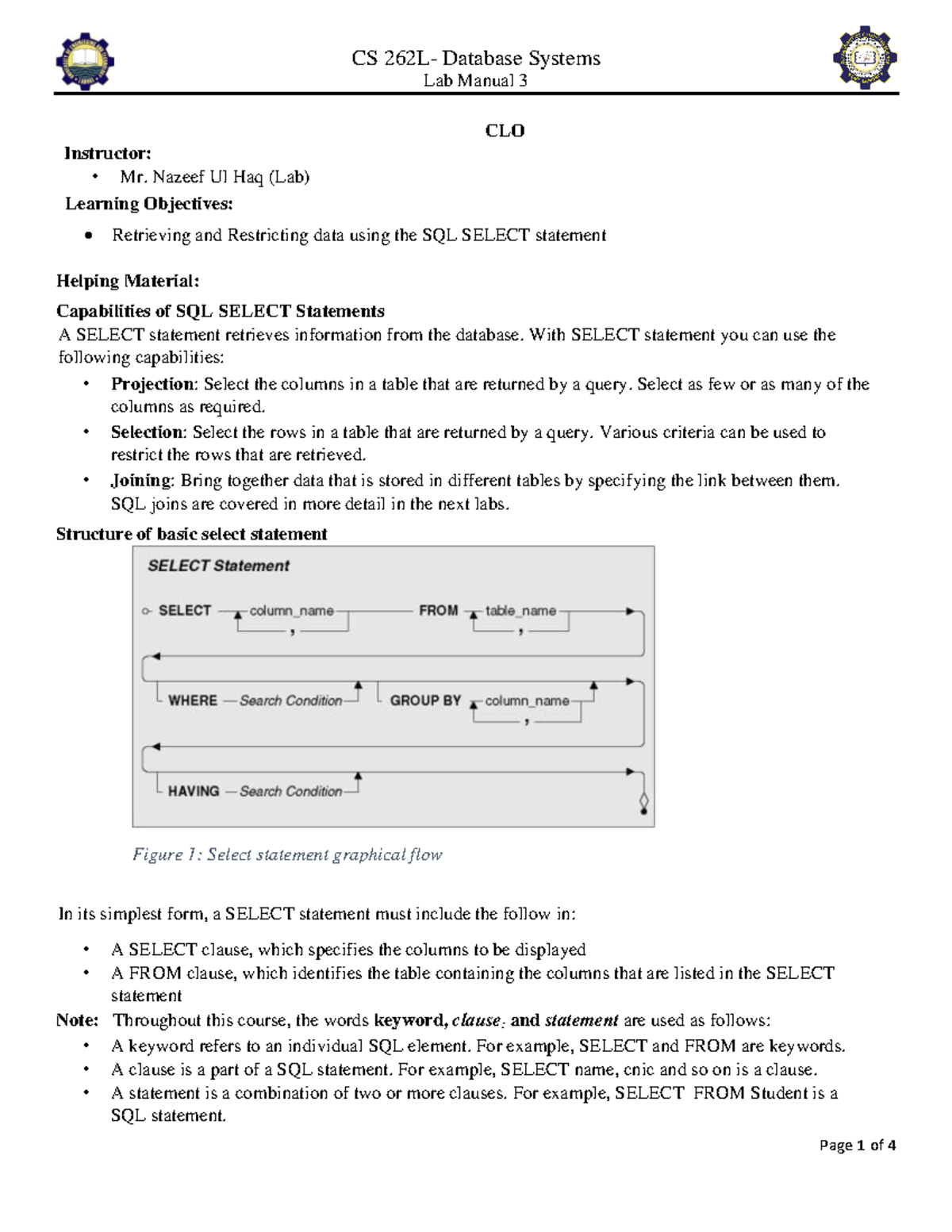 Lab Manual Week 03 - lab work - CS 262L- Database Systems Lab Manual 3 ...