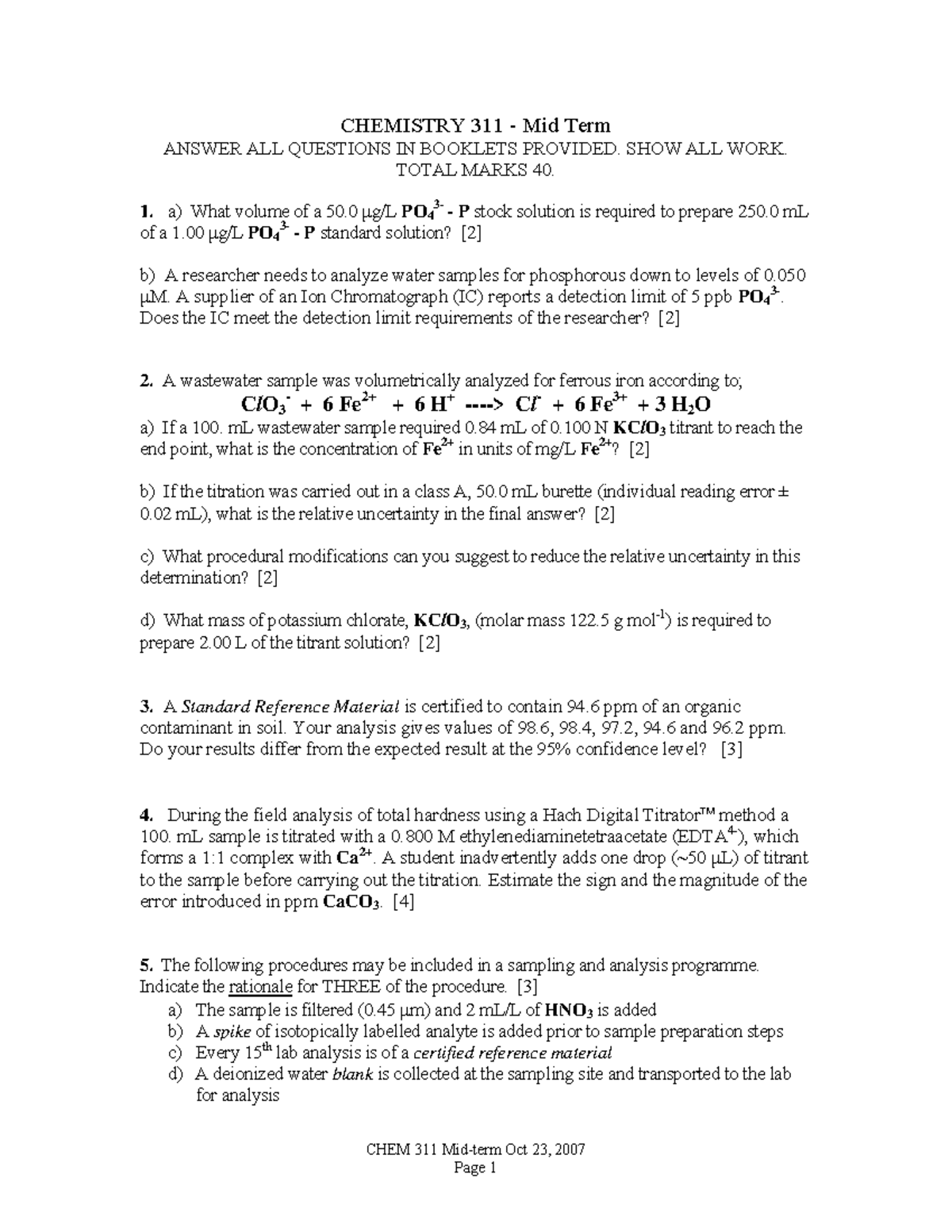 CHEM 311 - Midterm Exam Questions and Solutions (Oct 23, 2007) - Studocu