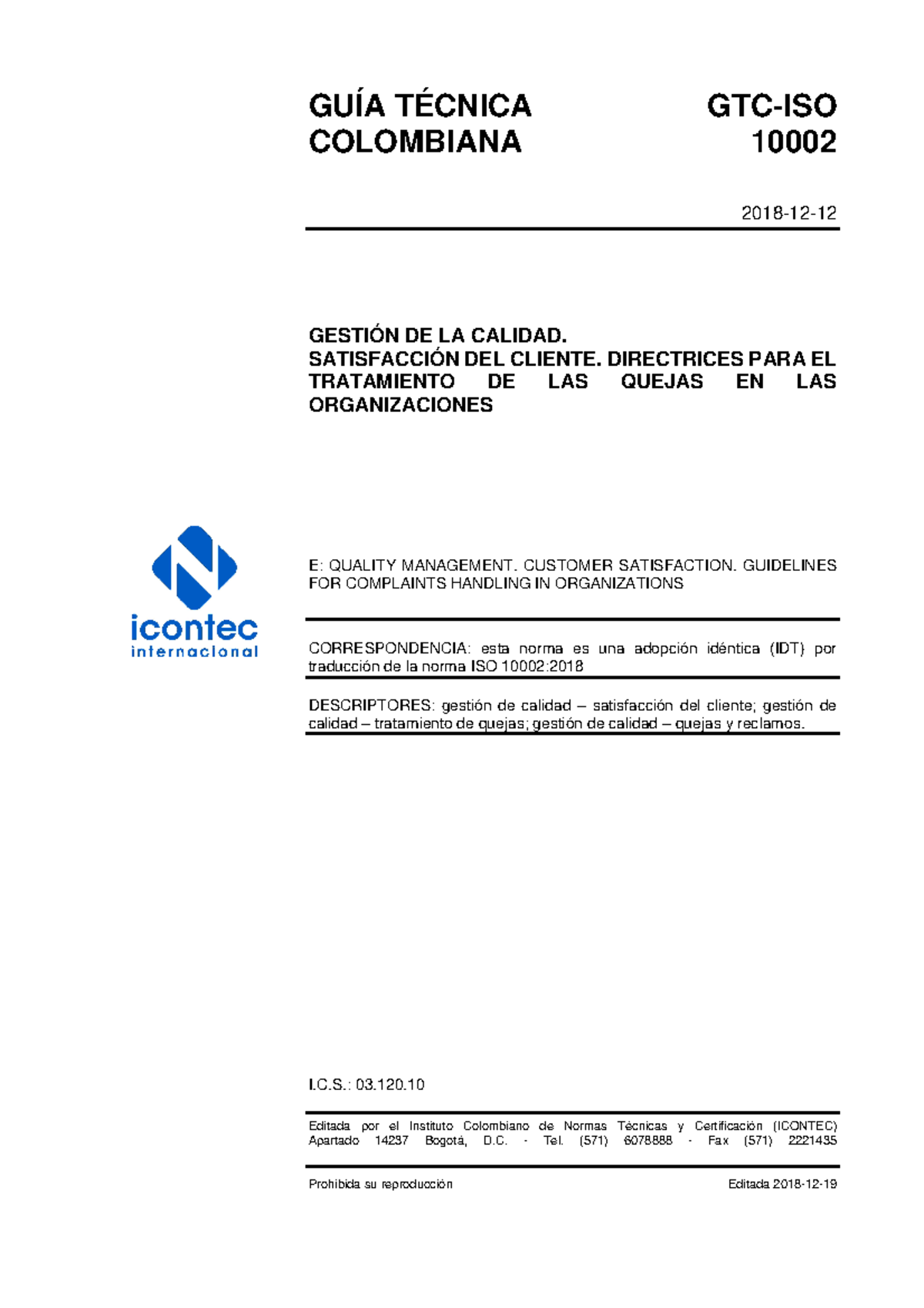 GTC-ISO10002: Directrices para la Satisfacción del Cliente y Quejas - Document Preview