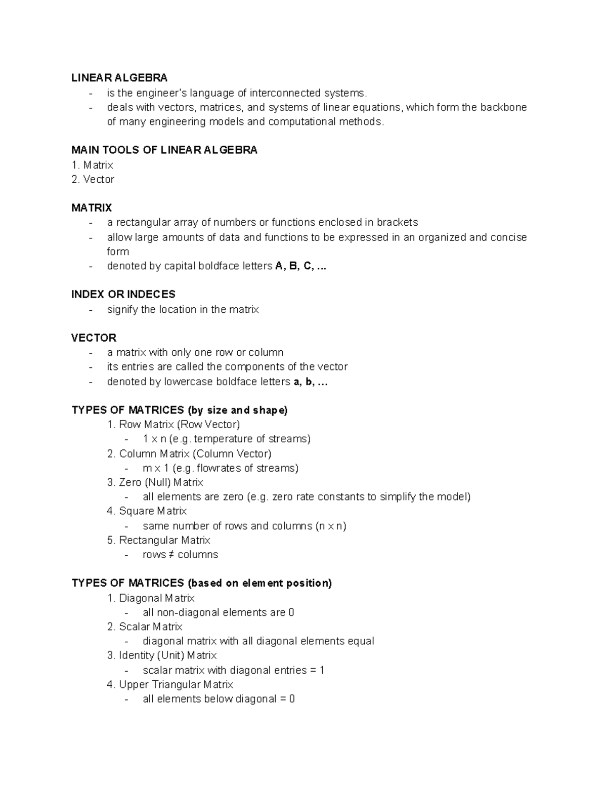 CHE 104 LE 1: Key Concepts in Linear Algebra and Matrices - Studocu