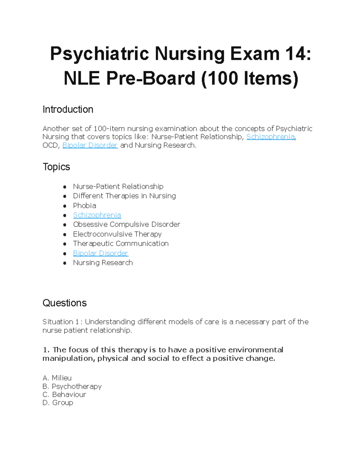 Psychiatric Nursing Exam 14: Key Concepts & Practice Questions - Studocu