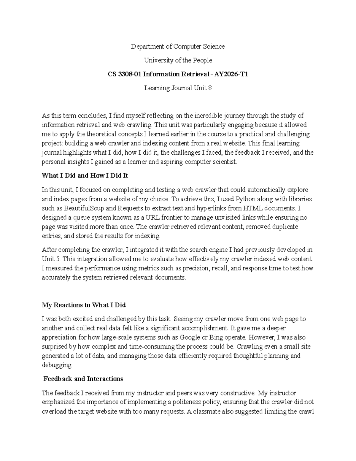 CS 3308 Learning Journal Unit 8: Web Crawling Insights - Studocu