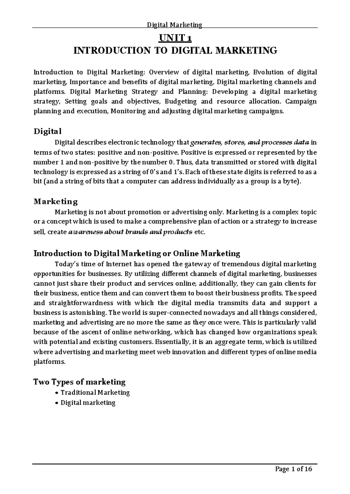 Dm1 - nothing - UNIT 1 INTRODUCTION TO DIGITAL MARKETING Introduction ...