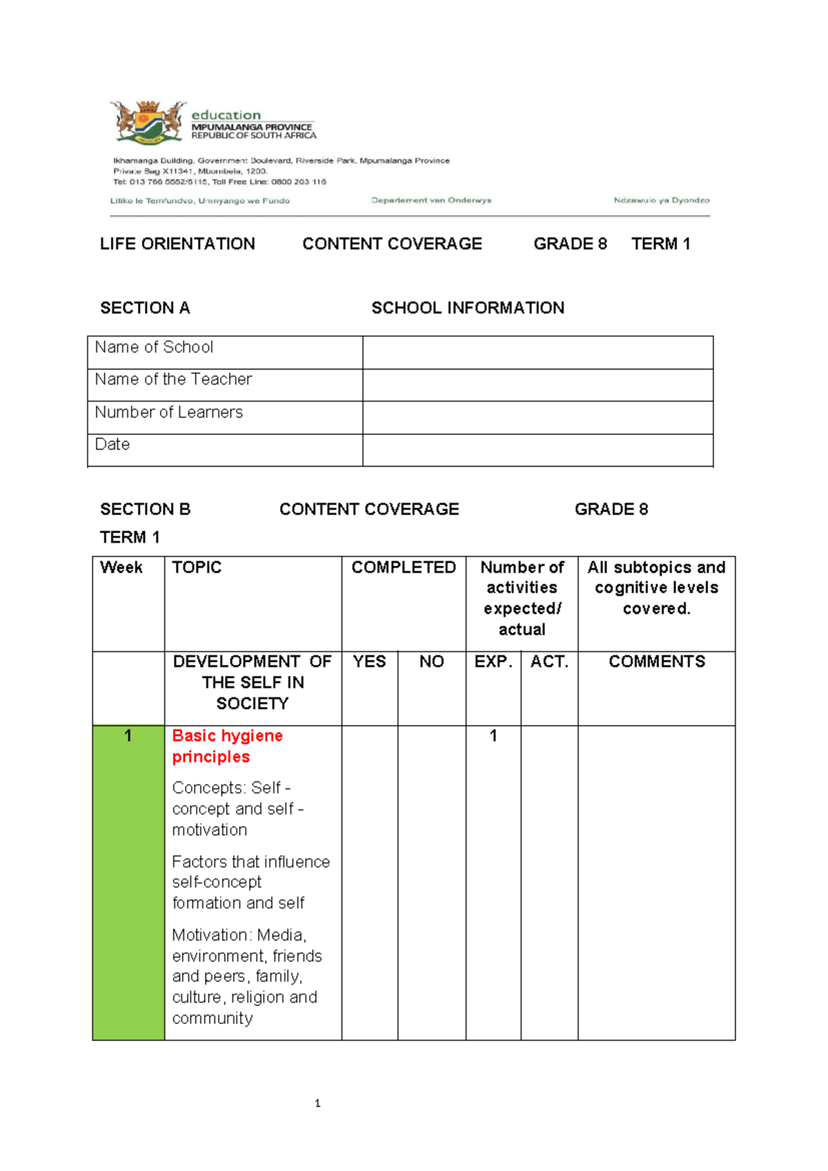 Grade 8 Life Orientation Content Coverage Term 1 Report - Studocu