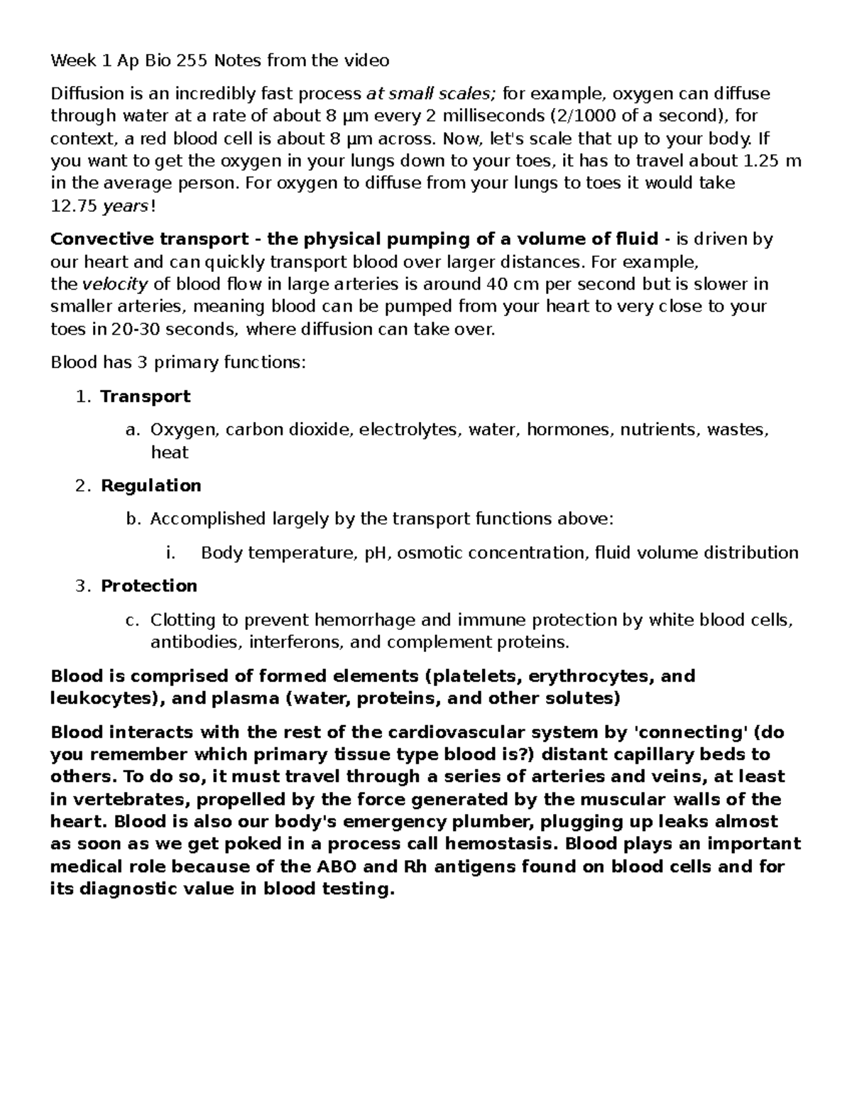 Week 1 Lecture Notes: AP Bio 255 - Diffusion & Blood Functions - Studocu