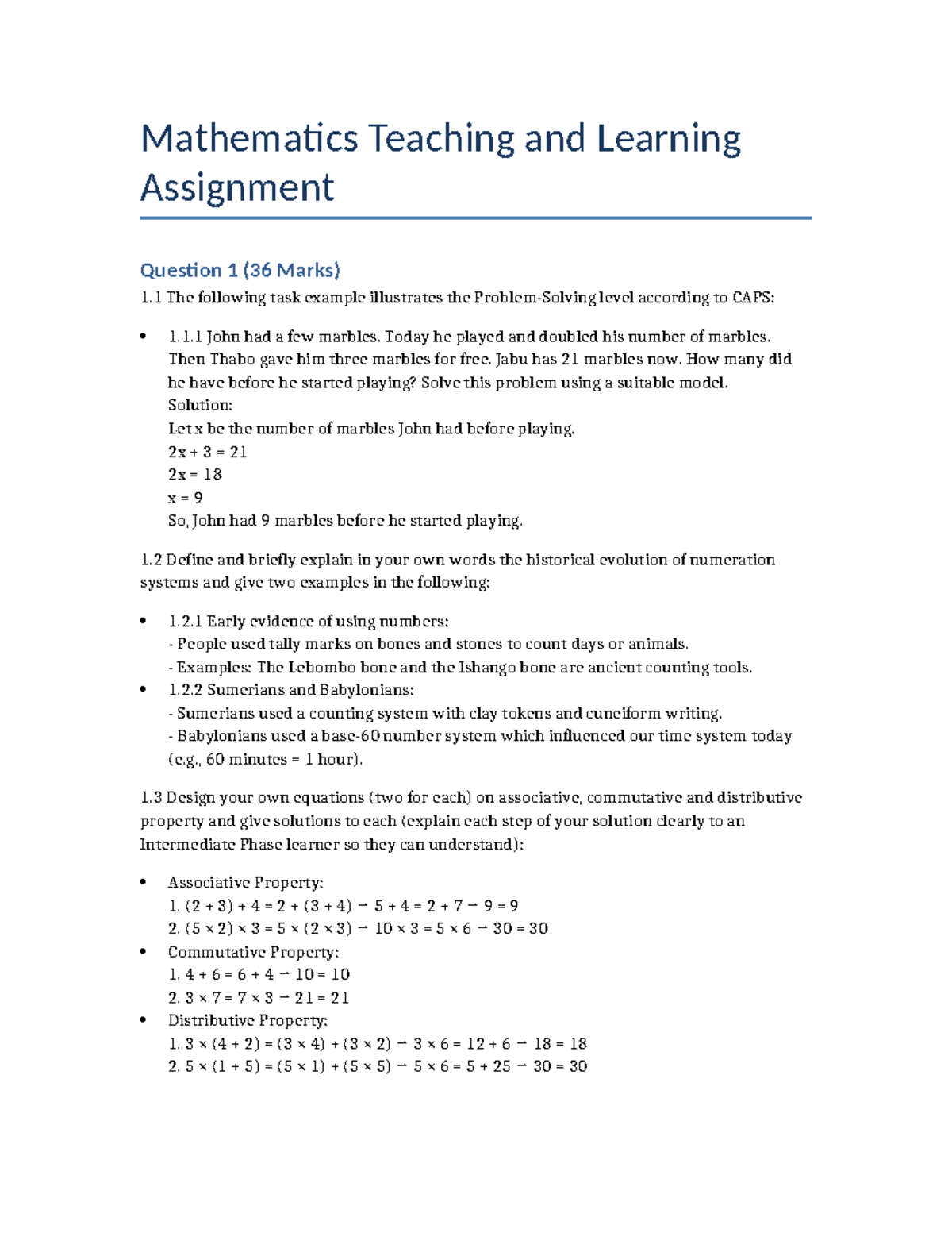 Mathematics Assignment Answers: Teaching & Learning (36 Marks) - Studocu