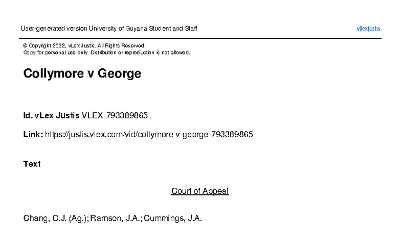Collymore v. George: Civil Appeal No. 12 of 2004 Analysis - Studocu