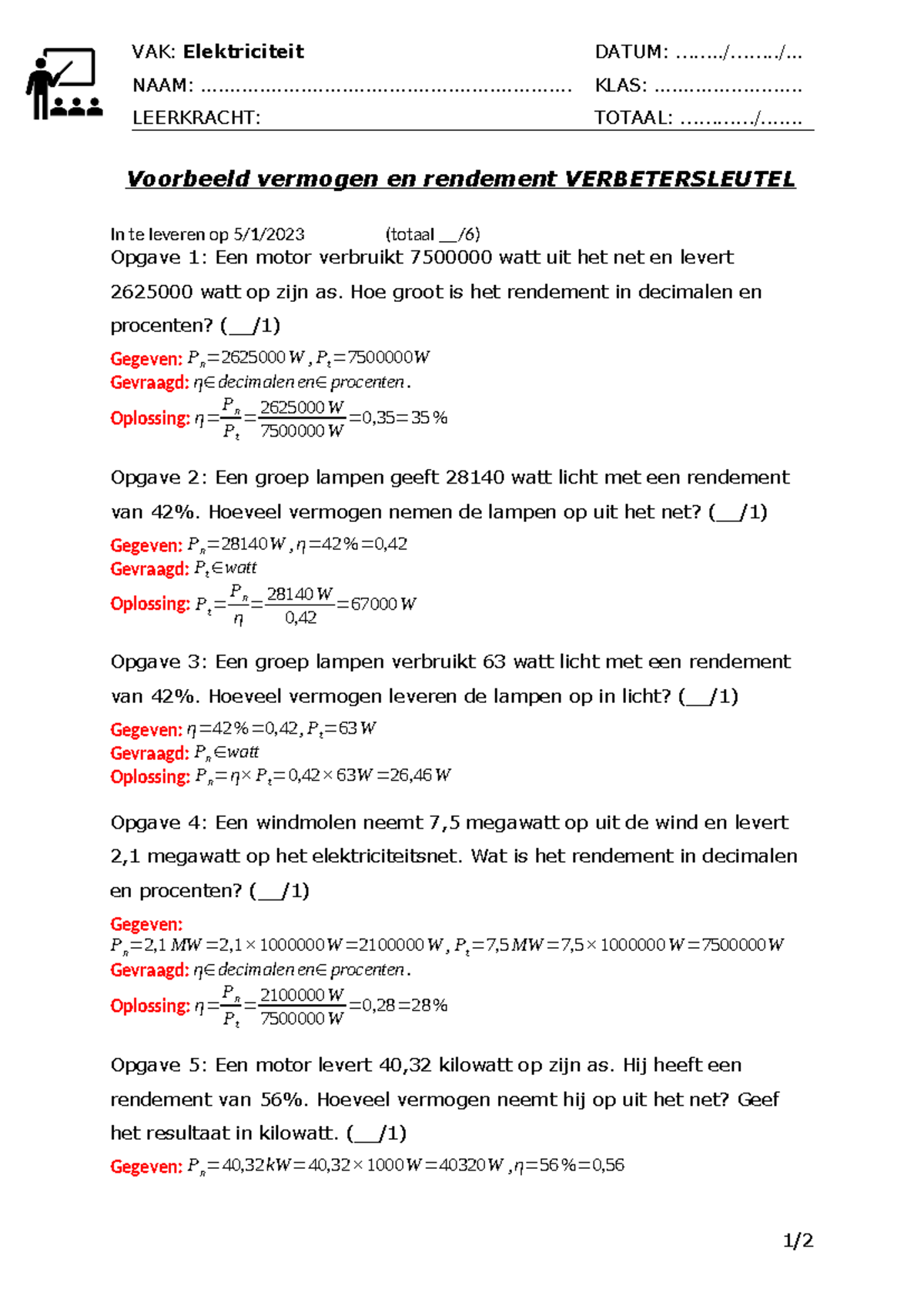 VAK Elektriciteit: Oefeningen Vermogen en Rendement Verbetersleutel ...