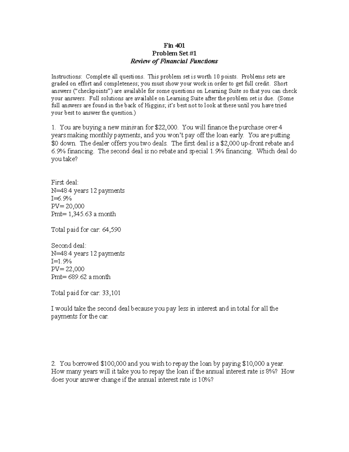 Fin 401 Problem Set 1 - Review of Financial Functions and Analysis ...