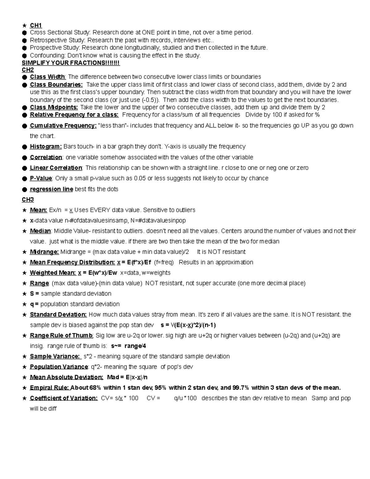 Final Exam Notes CH 1-3: Key Concepts and Definitions for Statistics ...